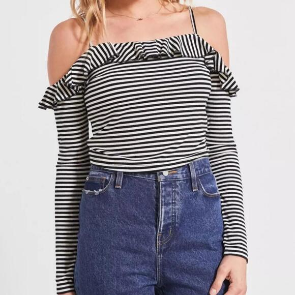 Pins and Needles Striped Ruffle Cold Shoulder Top Large - Picture 1 of 10